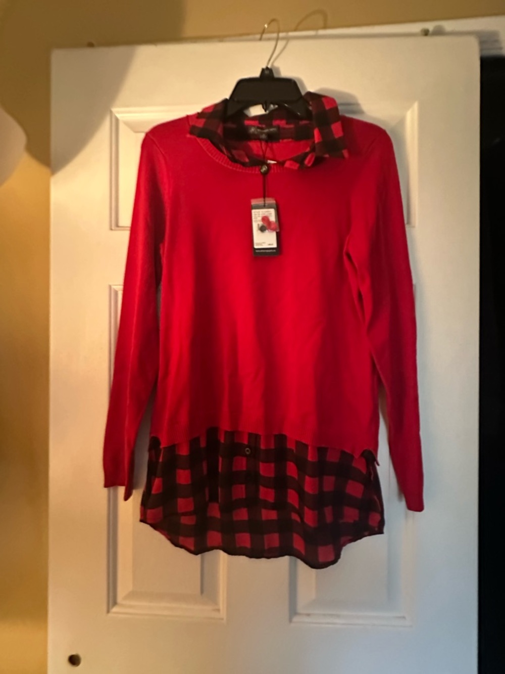 Adrianna Papell Red Sweater Tunic with Black & Red Plaid Hem and Collar
